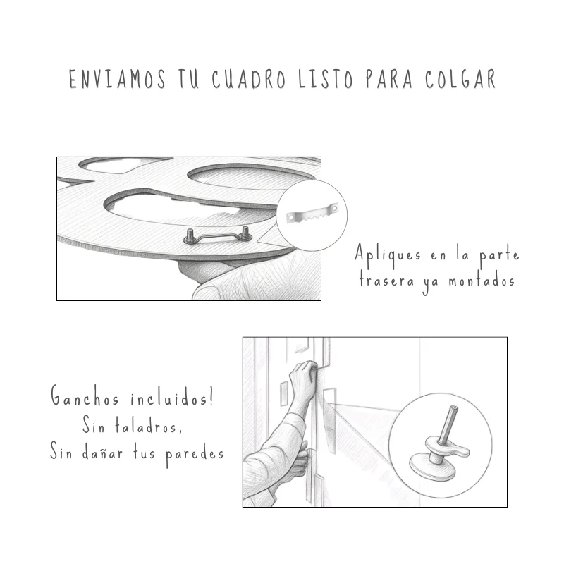 El cuadro llega listo para colgar: soportes traseros montados y ganchos incluidos