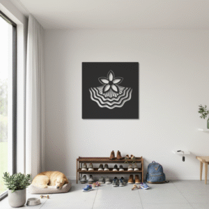 Cuadro metálico decorativo inspirado en la flor del azahar, símbolo de Sevilla, con diseño moderno y líneas onduladas.