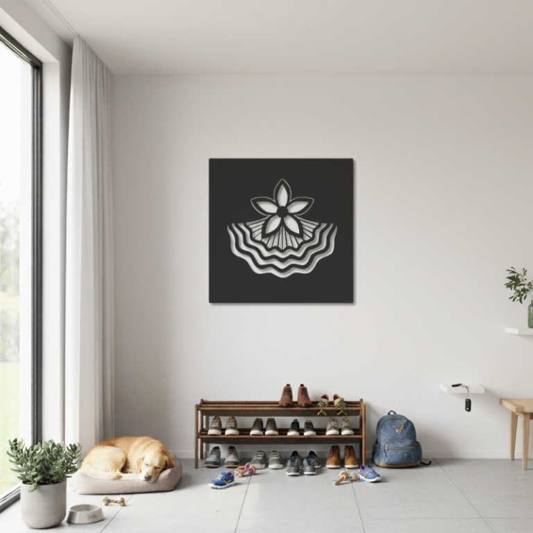 Cuadro metálico decorativo inspirado en la flor del azahar, símbolo de Sevilla, con diseño moderno y líneas onduladas.