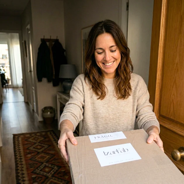 Clienta abriendo en casa la caja de su cuadro IzarFab