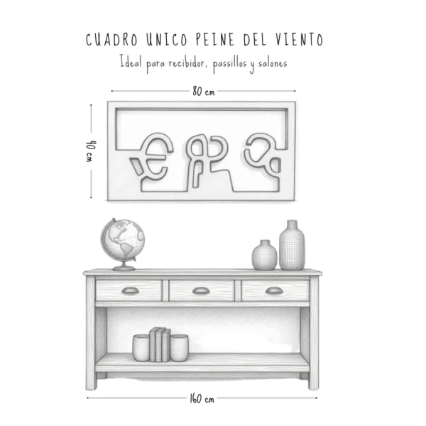 Medidas del cuadro Peine de los vientos sobre un mueble