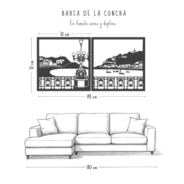 Medidas del díptico Bahía de La Concha sobre un sofá