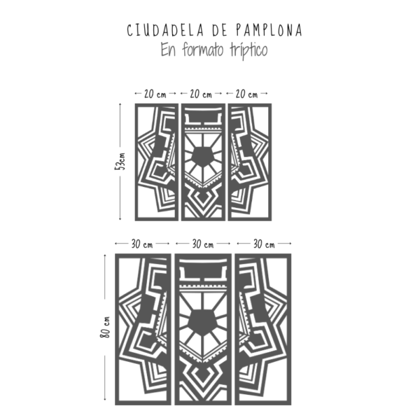 Medidas del tríptico Ciudadela de Pamplona: 3 piezas de 20x53 cm o de 30x80 cm