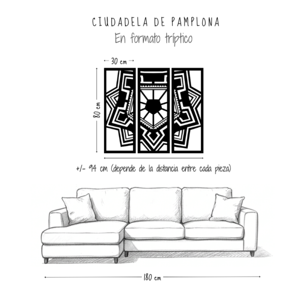 Tríptico Ciudadela de Pamplona de 3 piezas de 30x80 cm sobre un sofá de 180 cm, unos 94 cm de ancho